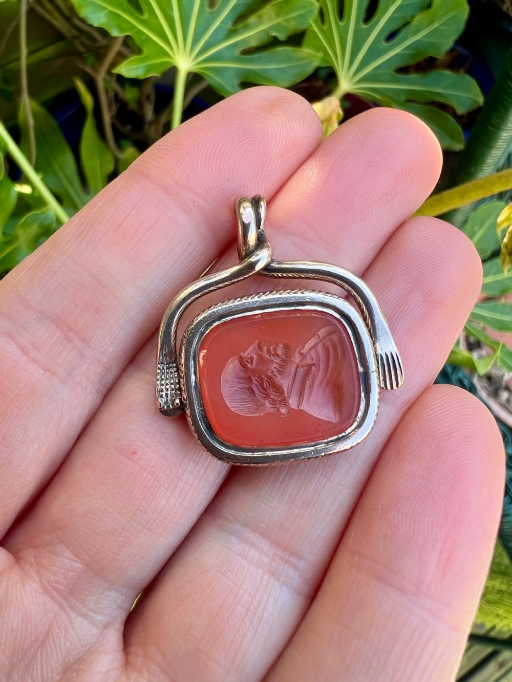 Antique Snake and Hand Gold Intaglio Carnelian Spinner Fob Pendant  View IX