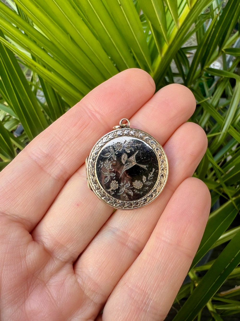 Victorian Rolled Gold Bird and Flowers Locket Pendant View II