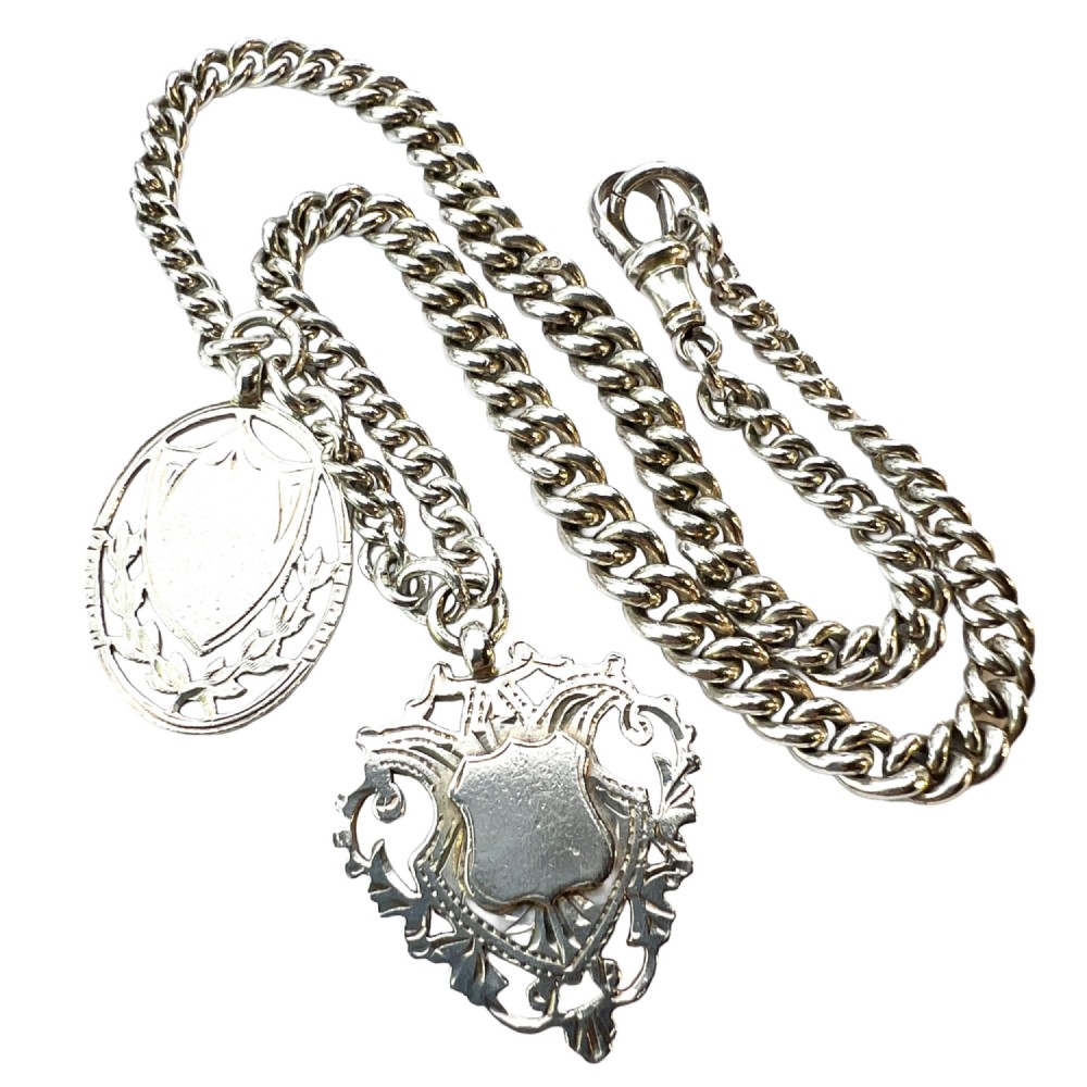 Antique Silver Albert Watch Chain Necklace with Dog Clip and Fob Medals