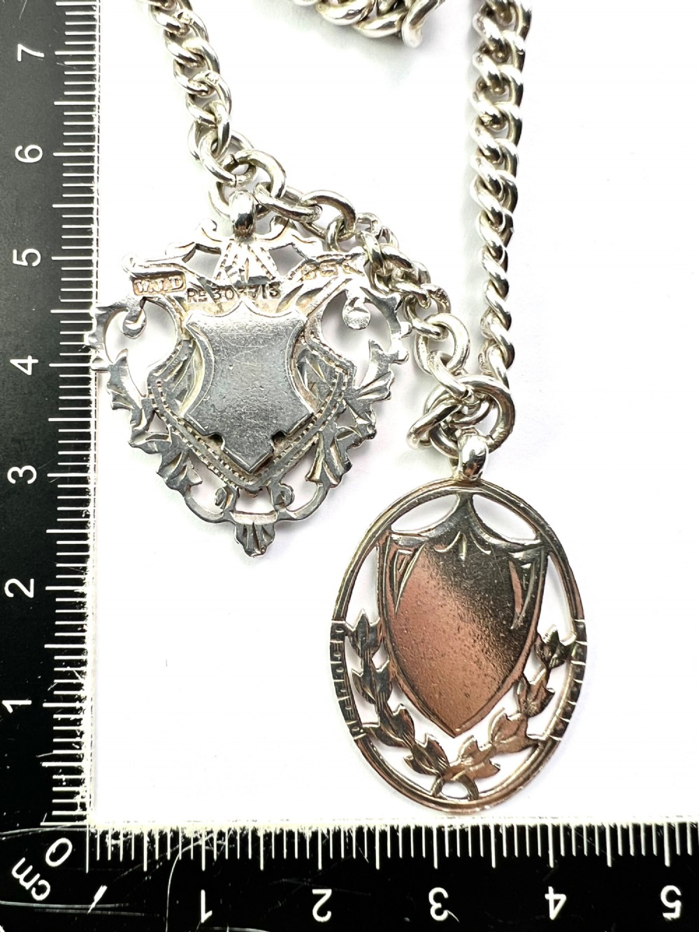 Antique Silver Albert Watch Chain Necklace with Dog Clip and Fob Medals View II