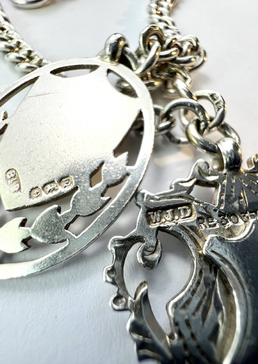 Antique Silver Albert Watch Chain Necklace with Dog Clip and Fob Medals View IV