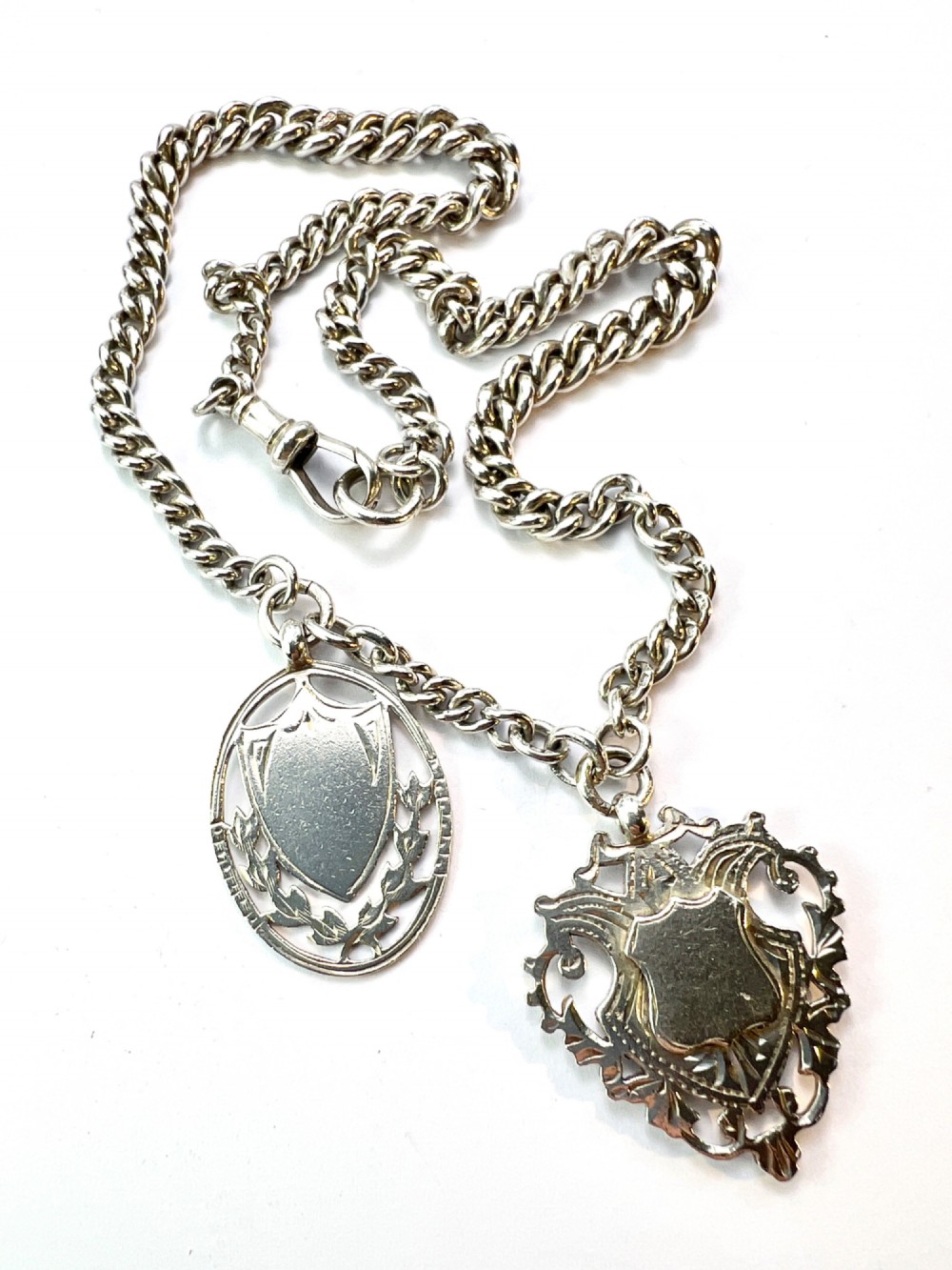 Antique Silver Albert Watch Chain Necklace with Dog Clip and Fob Medals View V