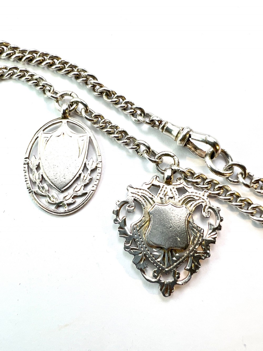 Antique Silver Albert Watch Chain Necklace with Dog Clip and Fob Medals View VI