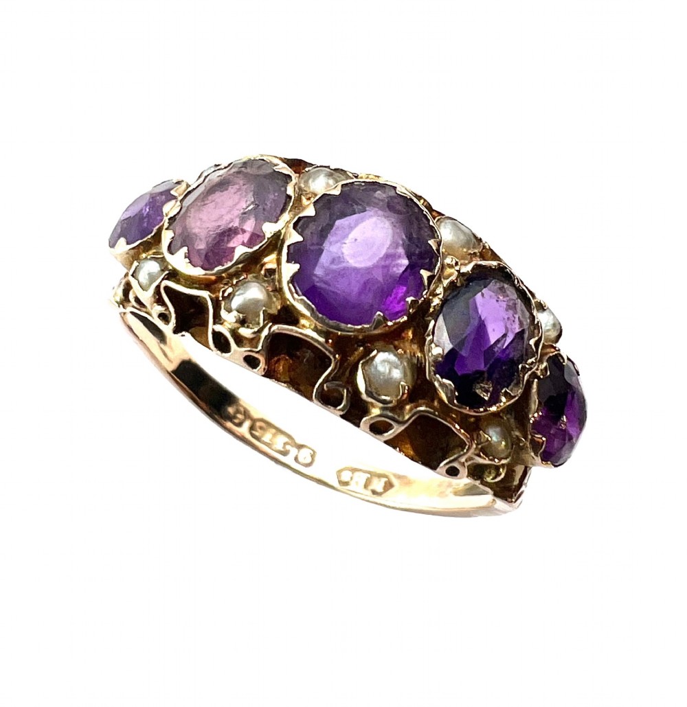 Victorian Amethyst and Pearl 9CT Gold Five Stone Ring