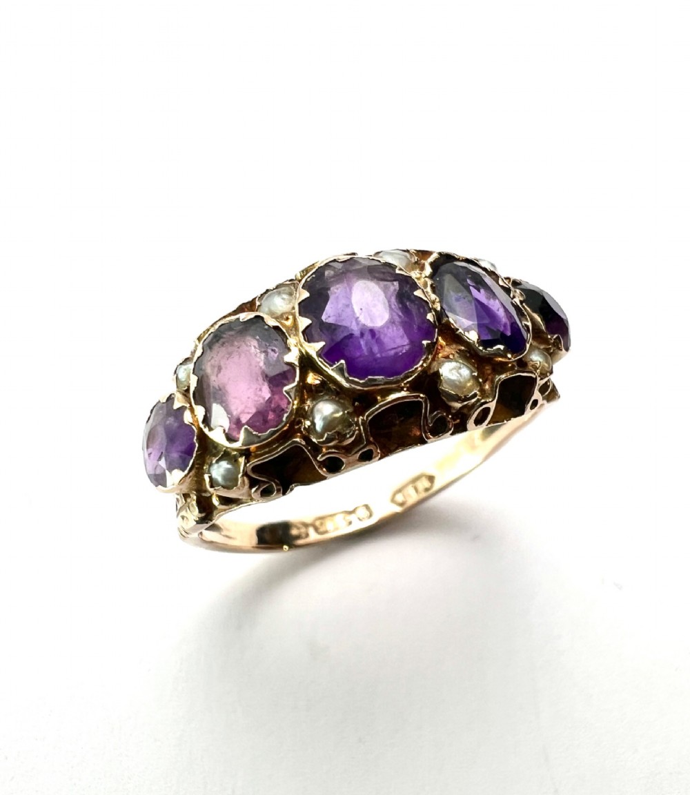 Victorian Amethyst and Pearl 9CT Gold Five Stone Ring View II