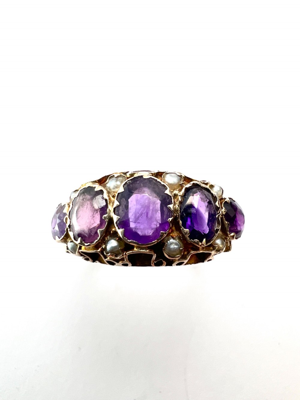Victorian Amethyst and Pearl 9CT Gold Five Stone Ring View III