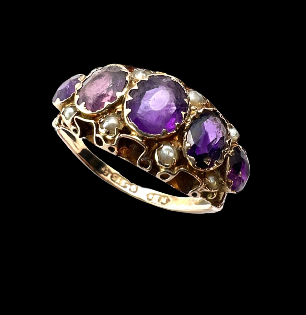 Victorian Amethyst and Pearl 9CT Gold Five Stone Ring View IV