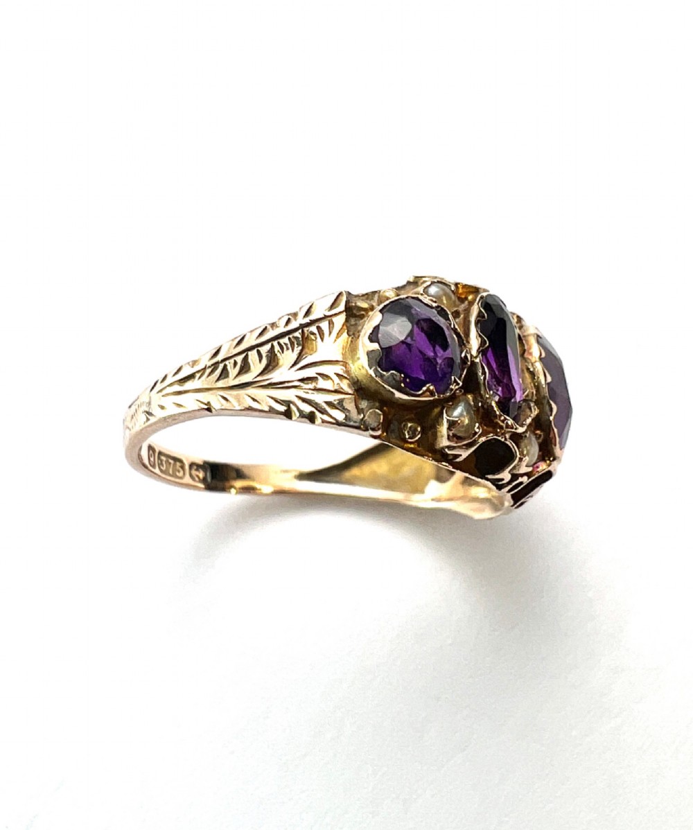 Victorian Amethyst and Pearl 9CT Gold Five Stone Ring View V