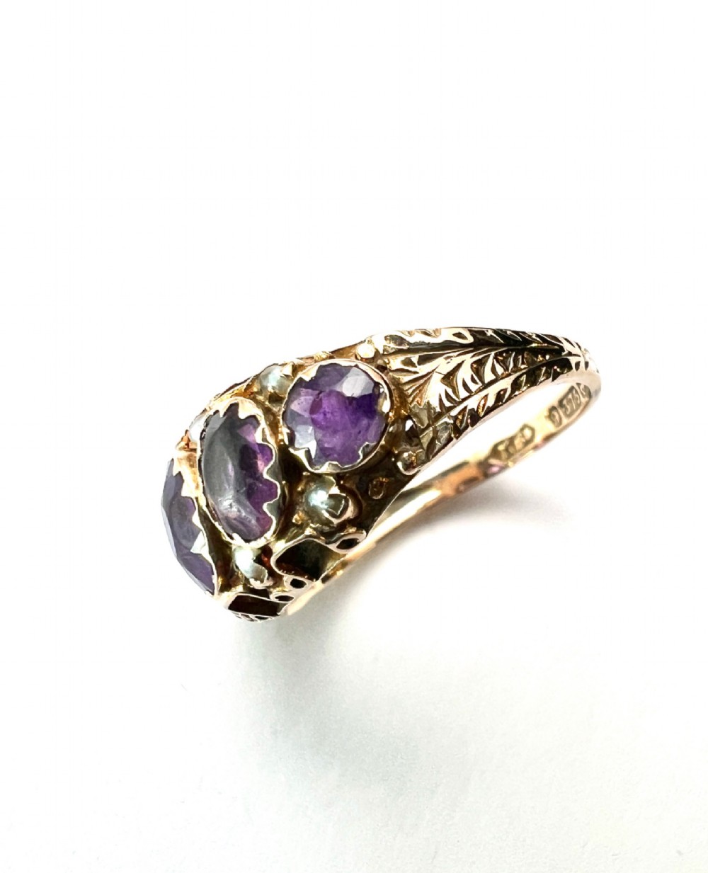 Victorian Amethyst and Pearl 9CT Gold Five Stone Ring View VI
