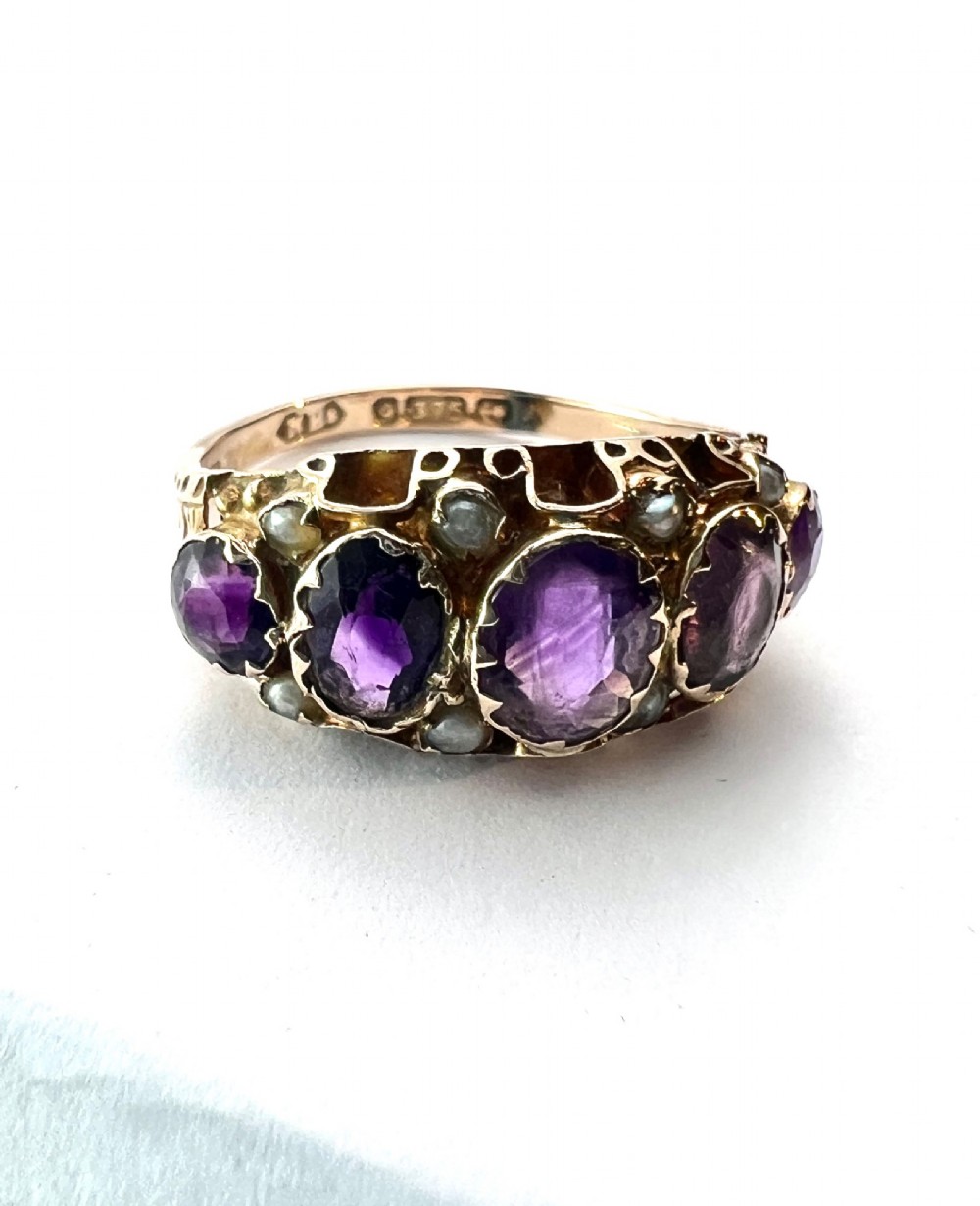 Victorian Amethyst and Pearl 9CT Gold Five Stone Ring View IX