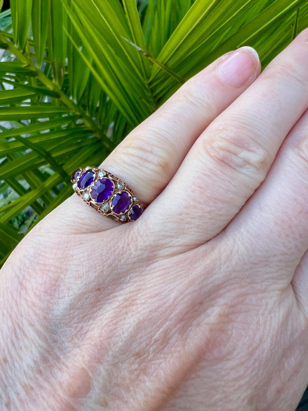 Victorian Amethyst and Pearl 9CT Gold Five Stone Ring View XI