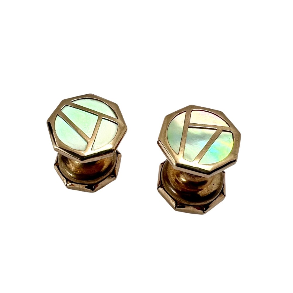 Art Deco 9CT Gold Mother of Pearl Retractable Chain Cufflinks