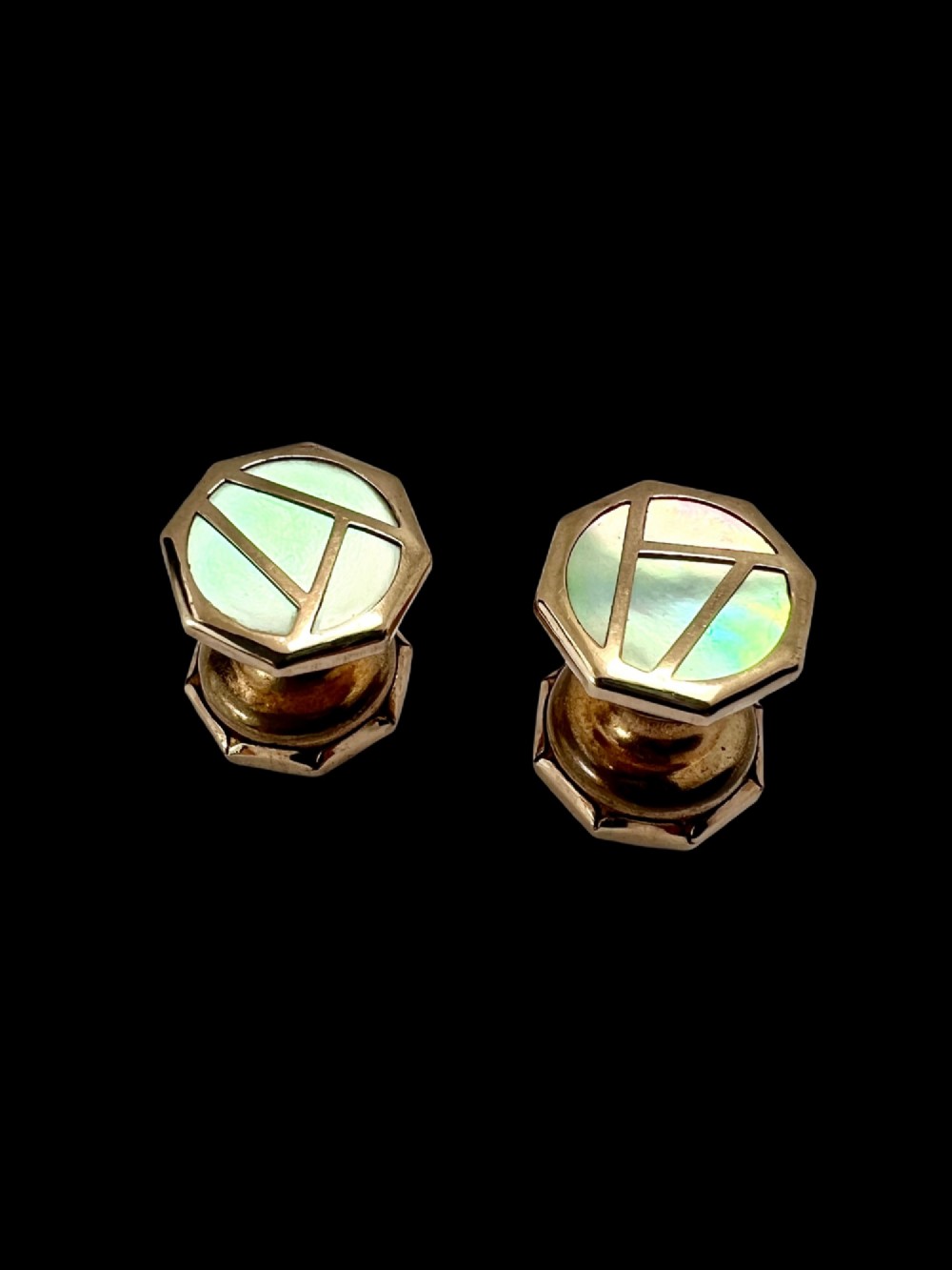 Art Deco 9CT Gold Mother of Pearl Retractable Chain Cufflinks View II
