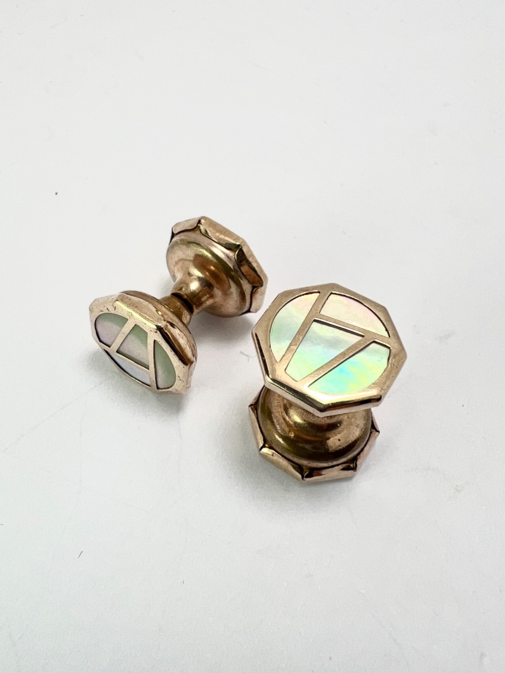 Art Deco 9CT Gold Mother of Pearl Retractable Chain Cufflinks View V