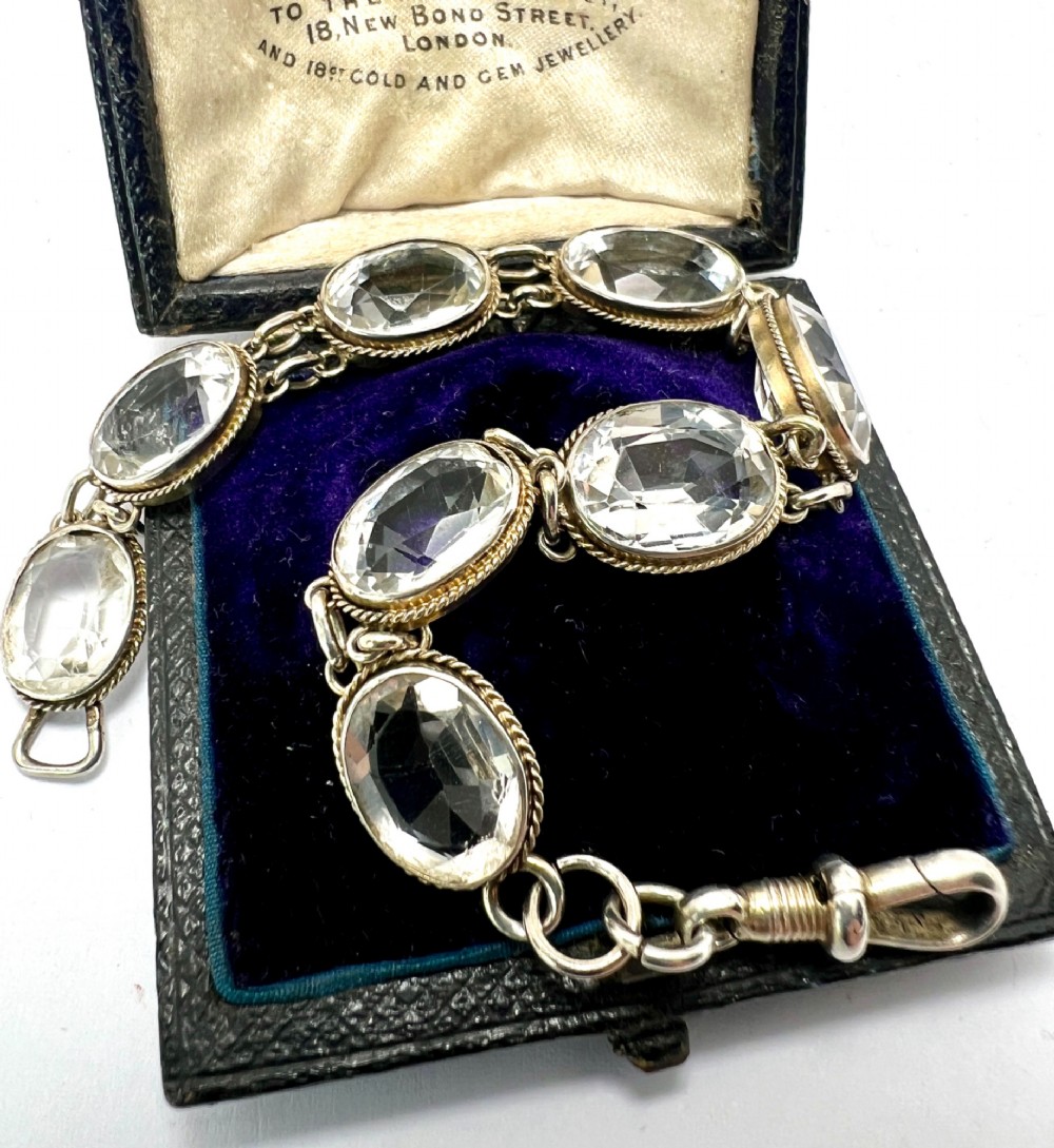 Vintage Rock Crystal Silver Link Bracelet with Dog Clip