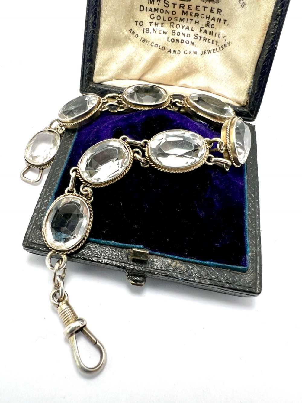 Vintage Rock Crystal Silver Link Bracelet with Dog Clip View II