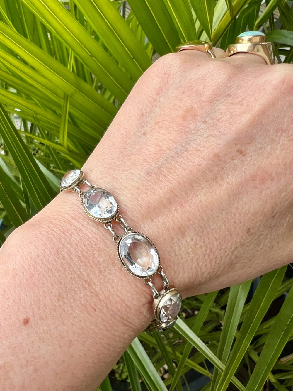 Vintage Rock Crystal Silver Link Bracelet with Dog Clip View IV