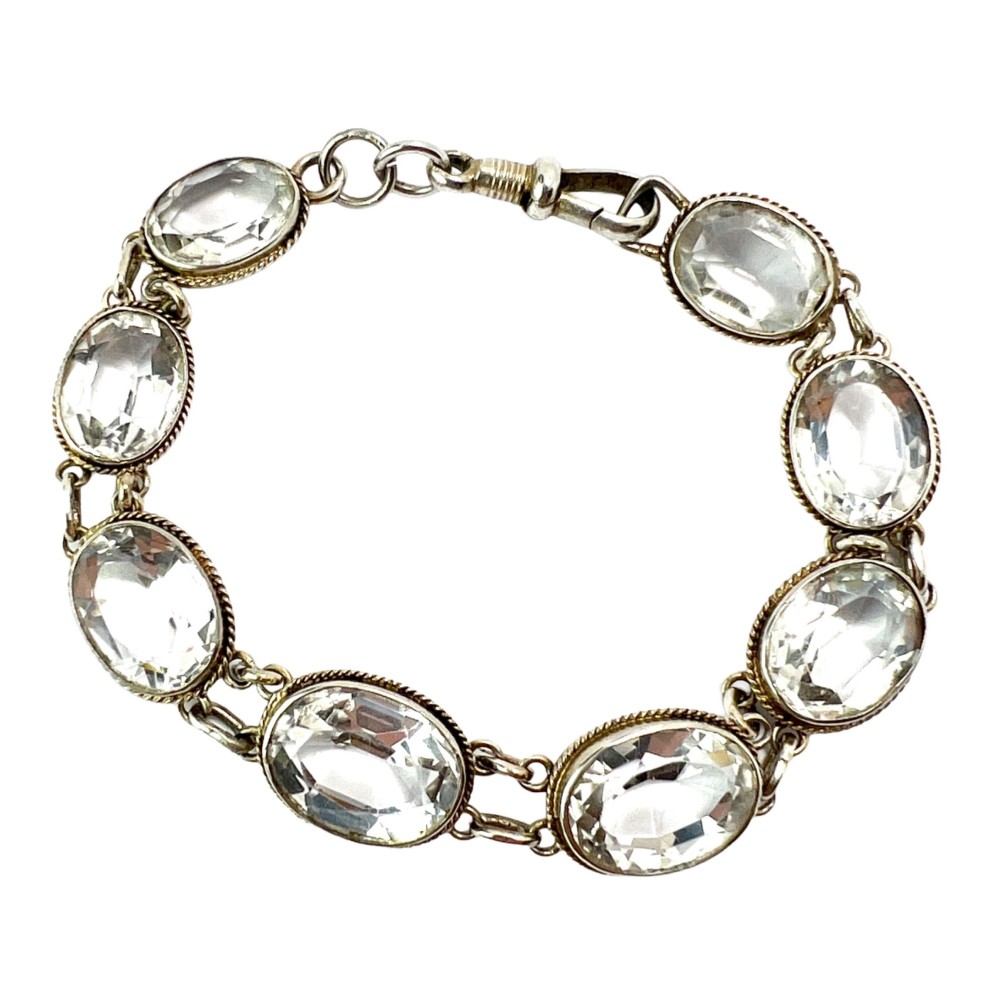 Vintage Rock Crystal Silver Link Bracelet with Dog Clip View V