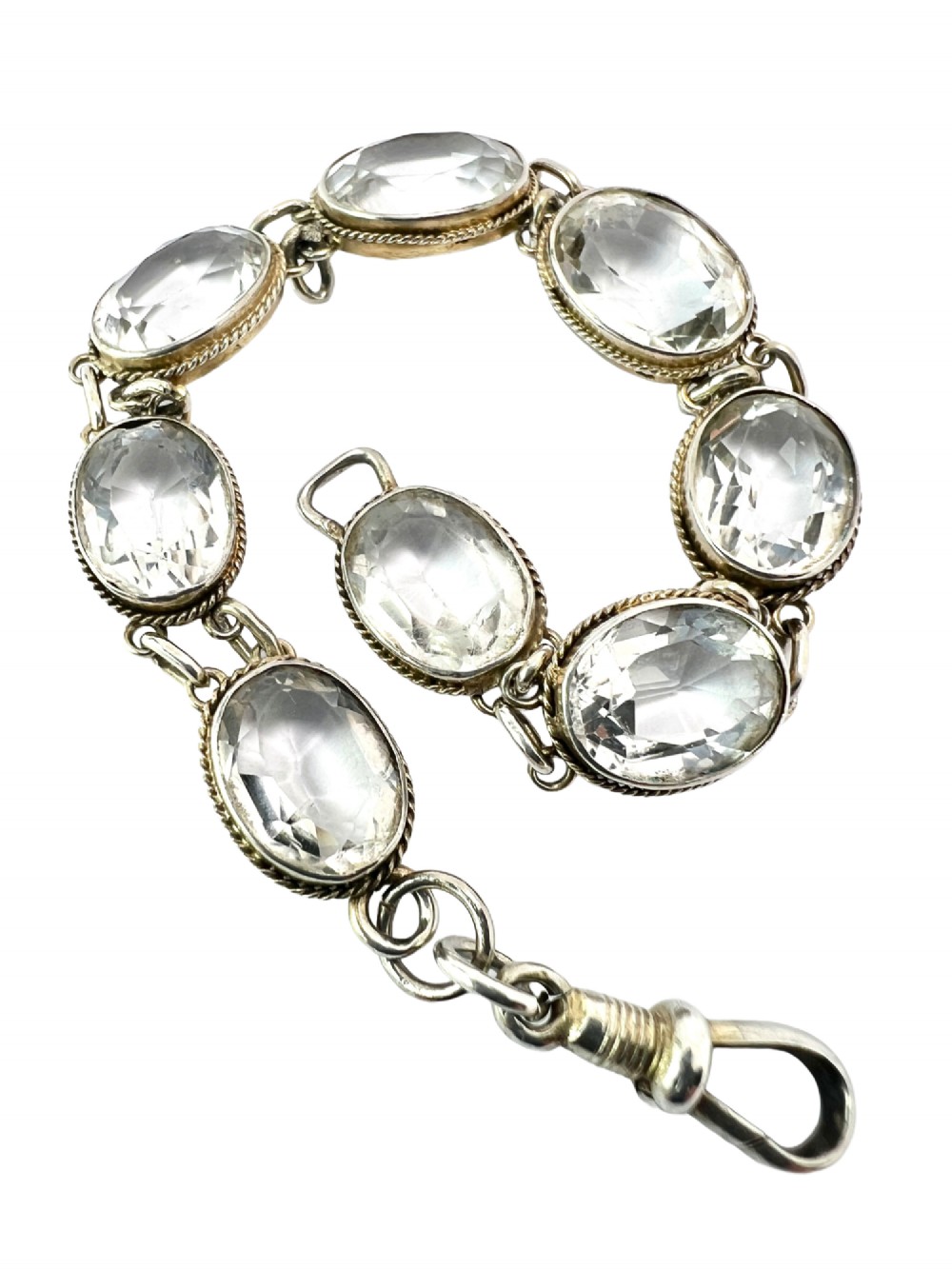 Vintage Rock Crystal Silver Link Bracelet with Dog Clip View VI