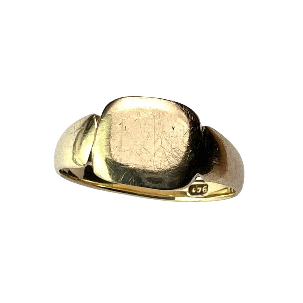 A vintage 9ct yellow gold signet ring featuring a textured rectangular face and a hallmarked inner band. View II