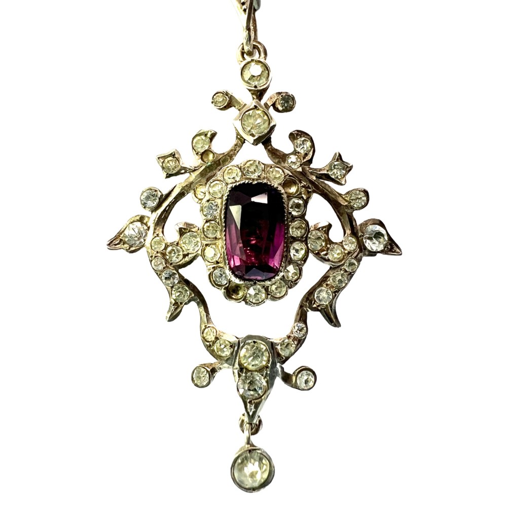 Edwardian Silver Paste Amethyst Lavalier Pendant Necklace