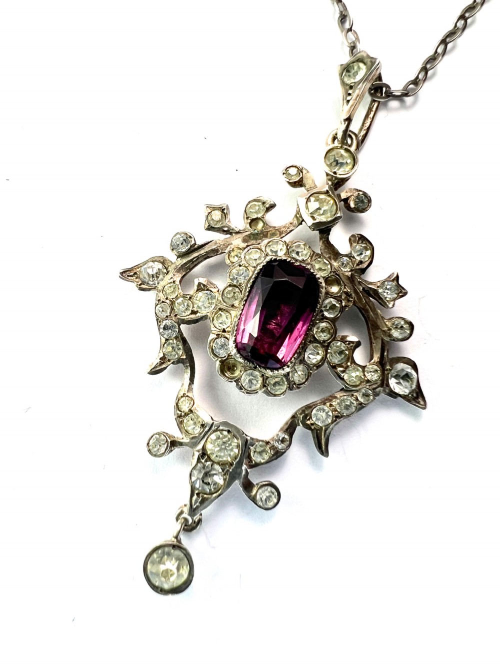 Edwardian Silver Paste Amethyst Lavalier Pendant Necklace View II