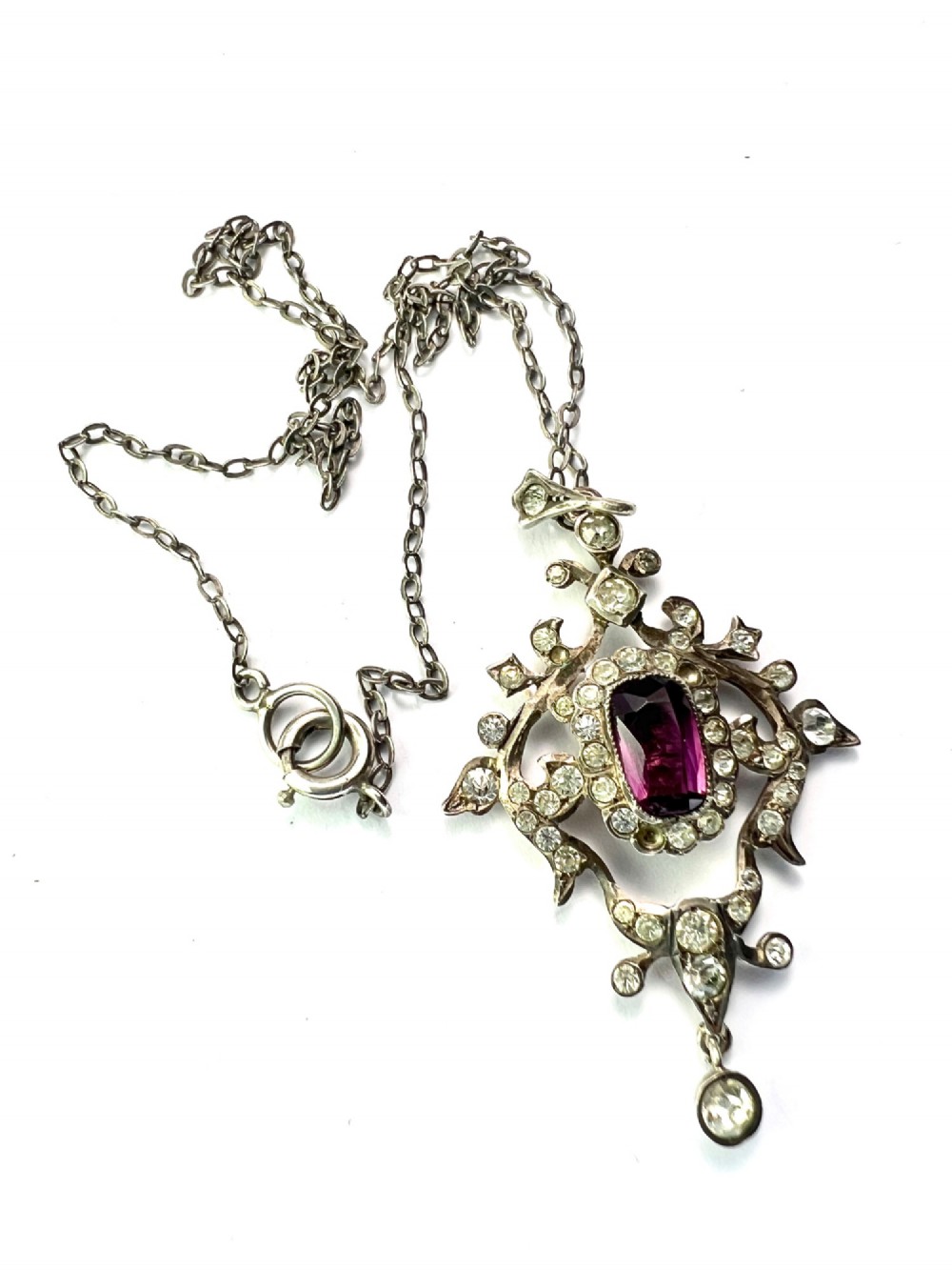 Edwardian Silver Paste Amethyst Lavalier Pendant Necklace View III