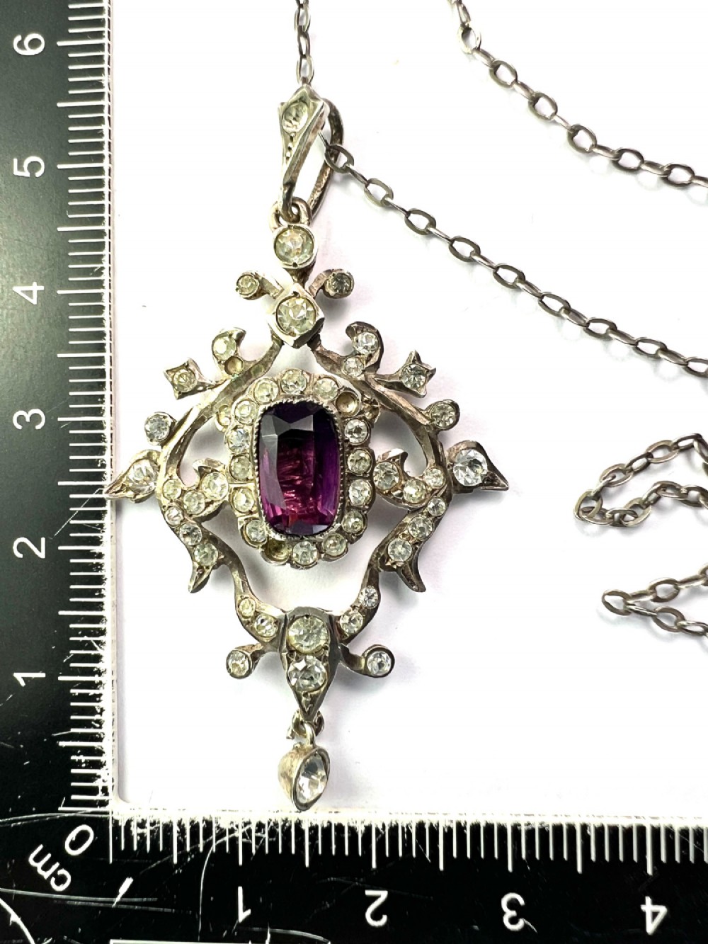Edwardian Silver Paste Amethyst Lavalier Pendant Necklace View V