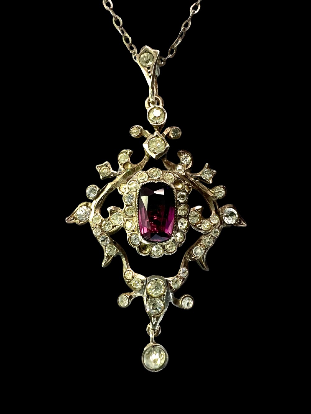 Edwardian Silver Paste Amethyst Lavalier Pendant Necklace View VI