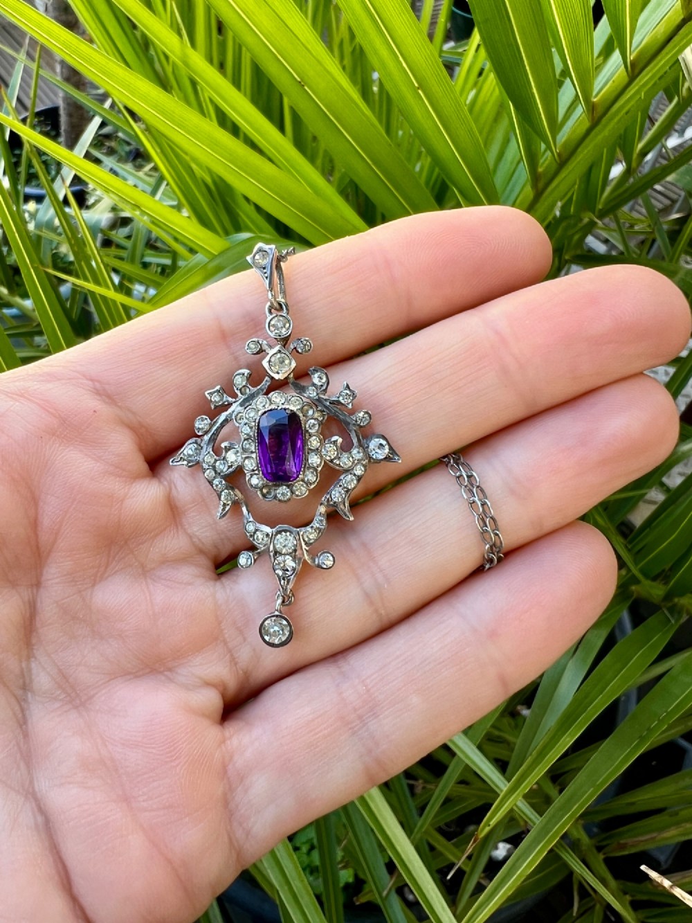 Edwardian Silver Paste Amethyst Lavalier Pendant Necklace View VII
