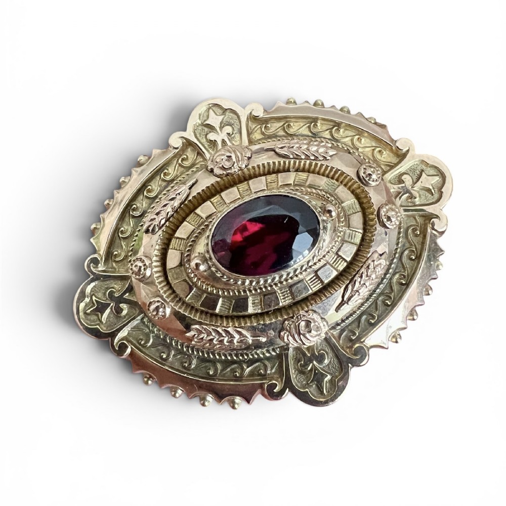 An ornate oval Victorian Etruscan Revival gold brooch featuring a central oval-cut deep red garnet surrounded by detailed relief metalwork and beaded borders.