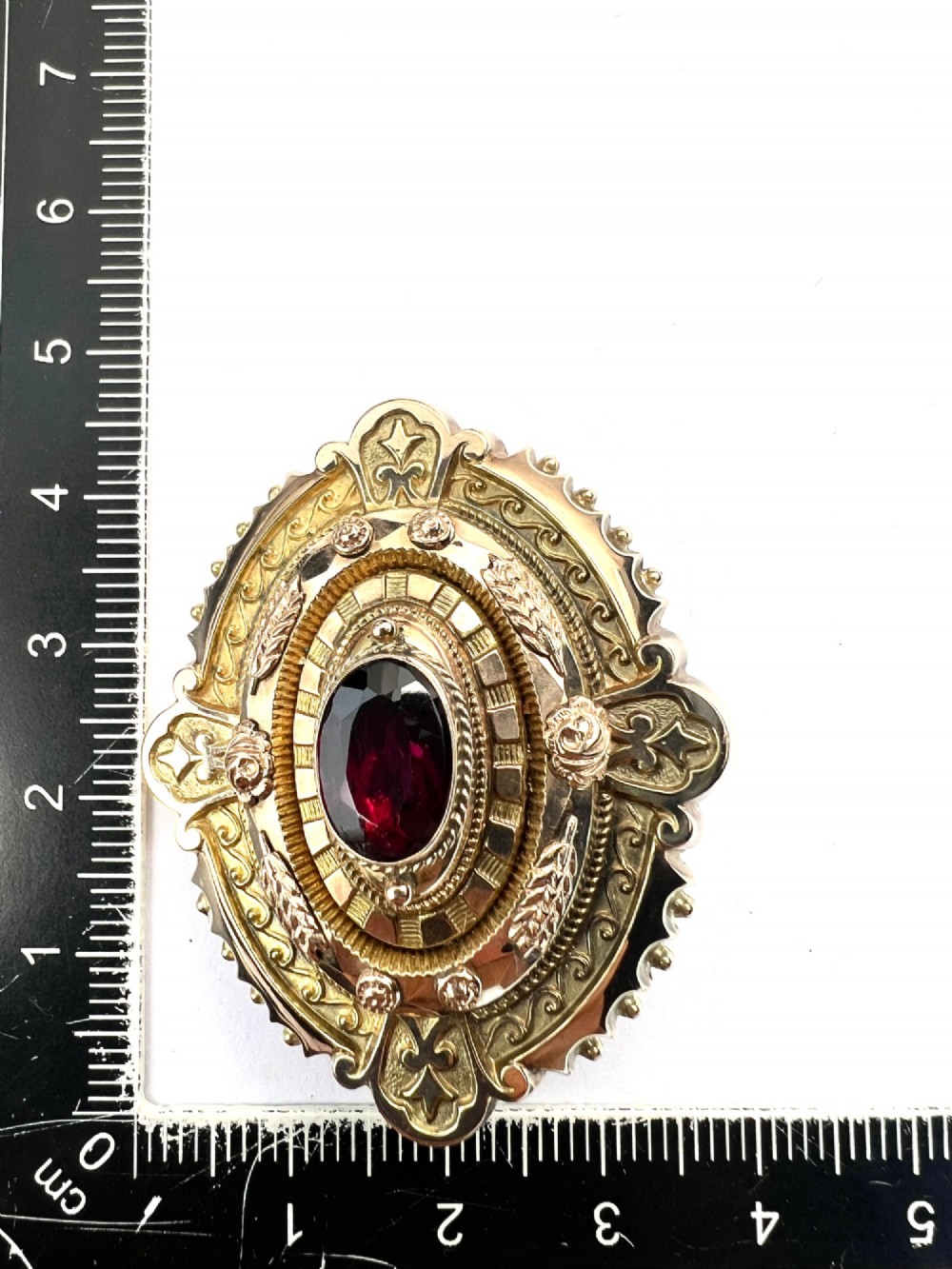 An ornate oval Victorian Etruscan Revival gold brooch featuring a central oval-cut deep red garnet surrounded by detailed relief metalwork and beaded borders. View VII