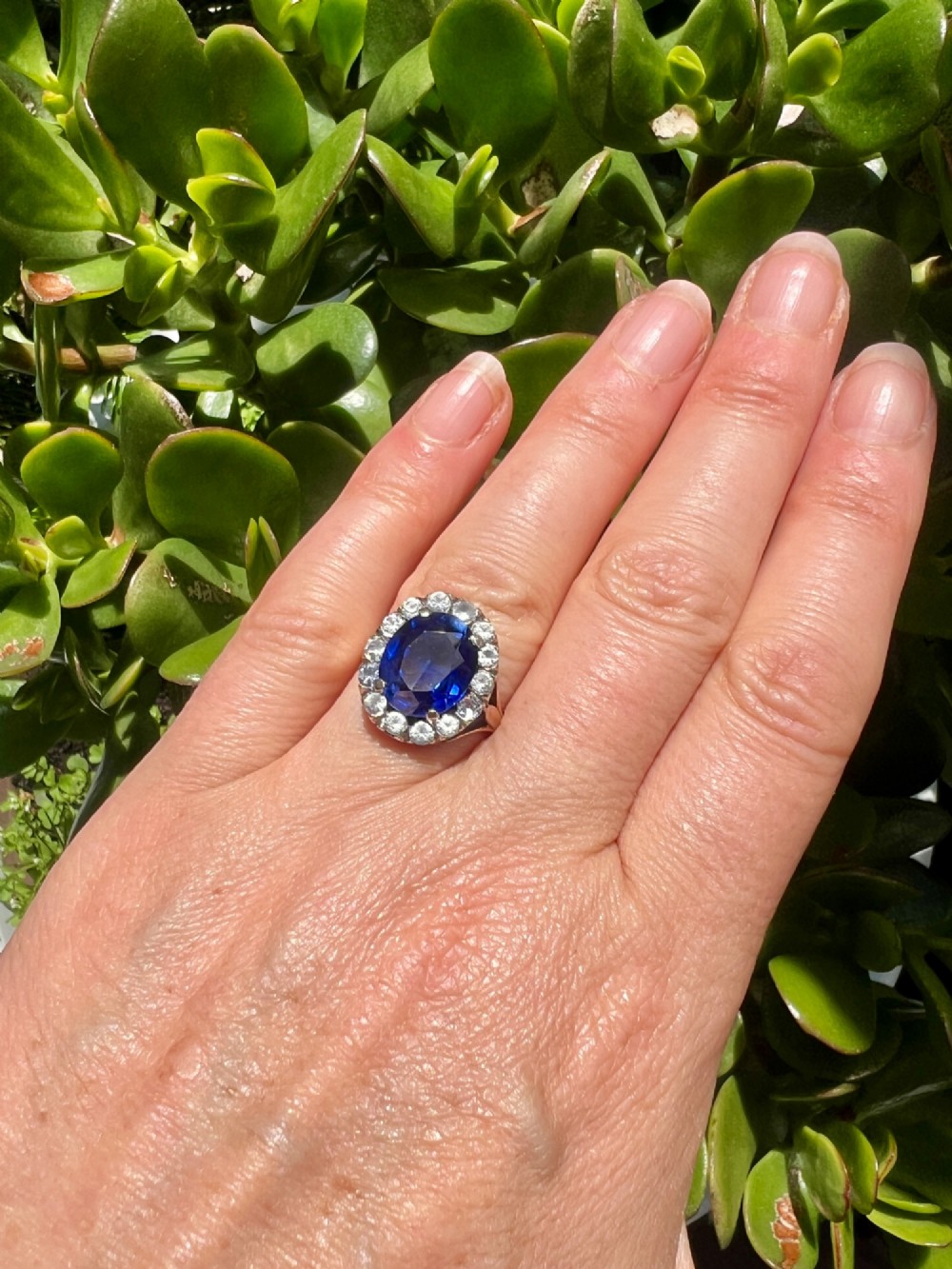 An Edwardian sapphire halo ring featuring a large oval blue sapphire encircled by a halo of clear accent stones set in silver with a yellow gold shank. View II