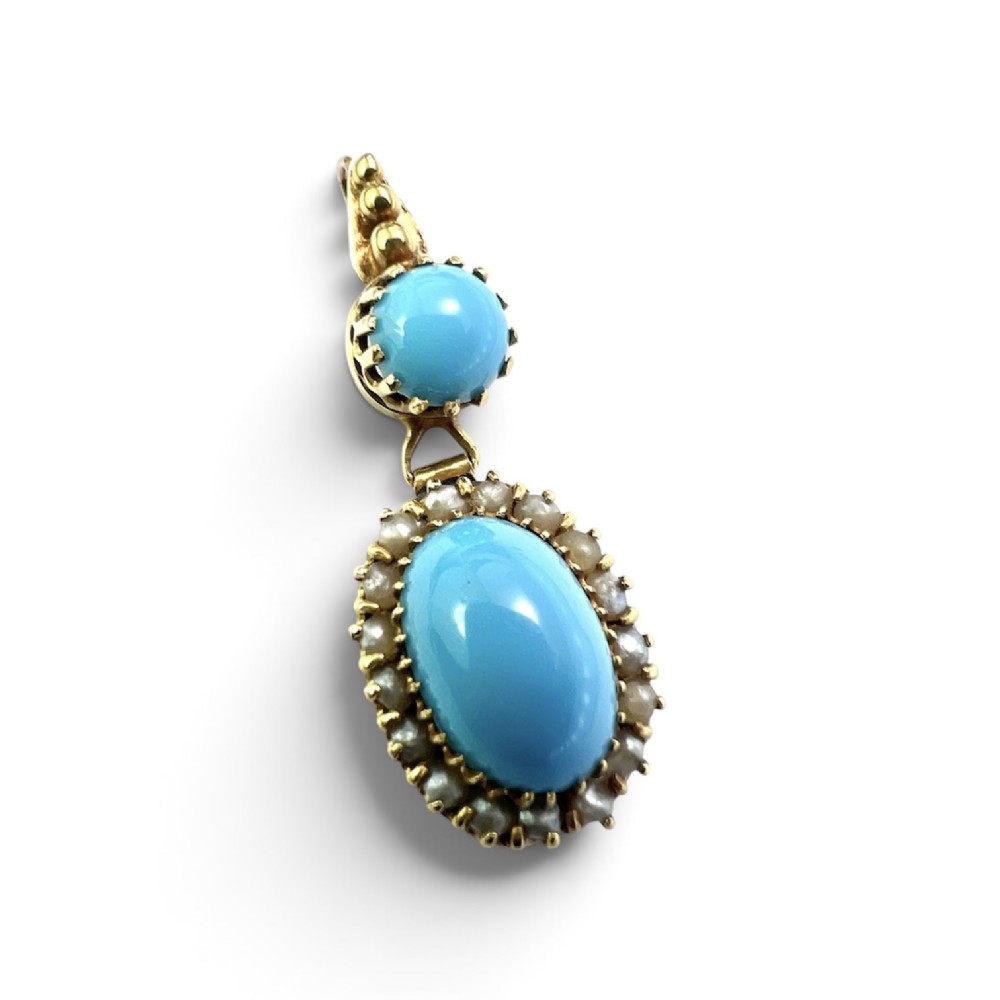 Victorian Gold Turquoise Pearl Halo Pendant Necklace