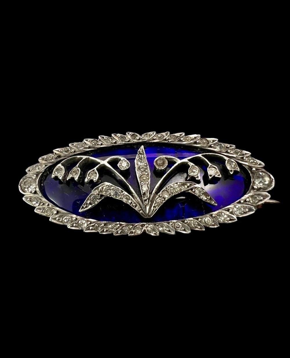 Antique Lily of the Valley Bristol Blue Glass Silver Paste Brooch View II