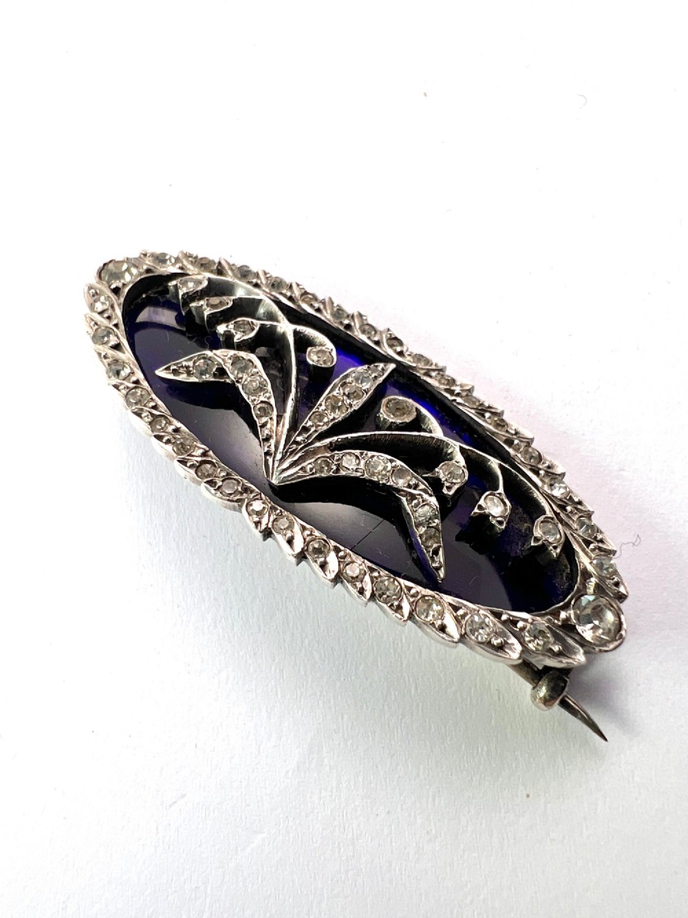 Antique Lily of the Valley Bristol Blue Glass Silver Paste Brooch View III