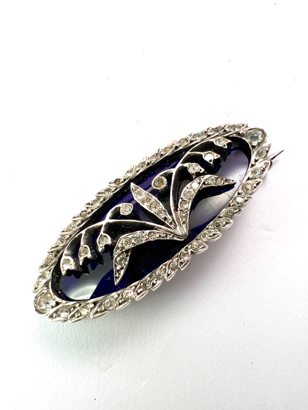 Antique Lily of the Valley Bristol Blue Glass Silver Paste Brooch View IV