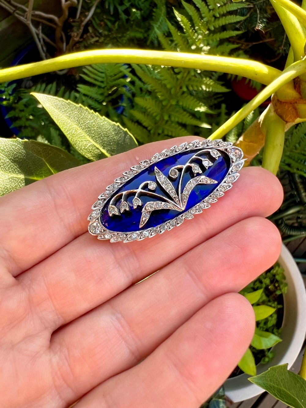 Antique Lily of the Valley Bristol Blue Glass Silver Paste Brooch View VII