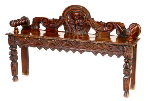 Victorian Carved Oak Hall Bench, Circa 1880