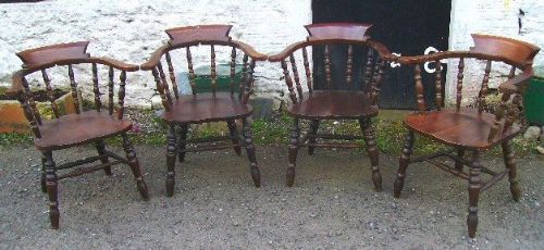 A Good Set of Four Victorian Elm Captains Chairs.