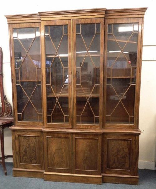 A Good Early Victorian Figured Mahogany Breakfront Library Bookcase.