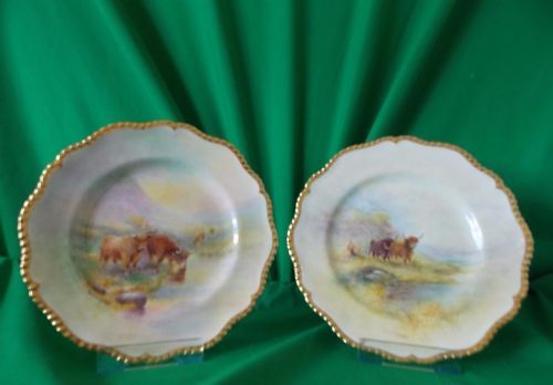 Pair of Fine Gilt Rimmed Worcester Highland Cattle Plates. By D.j. Scyner.