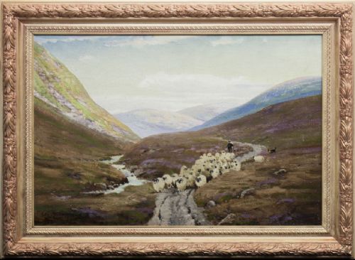 George Melvin Rennie Oil Painting (Scottish 1874-1953), a Highland Shephard Driving His Sheep.