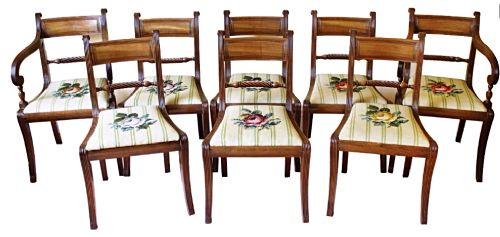Fine Set of Eight Regency Sabre Legged Dining Chairs Including Two Carvers.