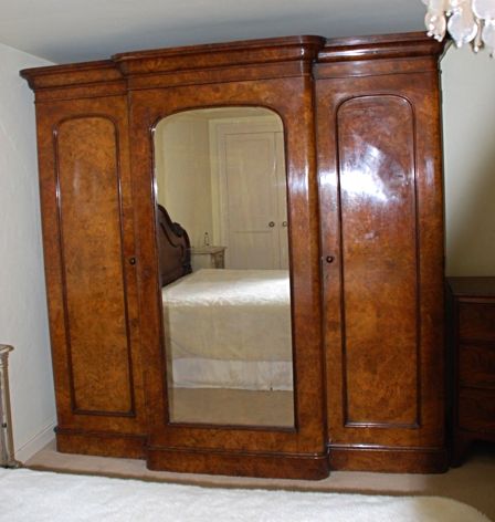 Victorian Burr Walnut Three Door Breakfront Wardrobe