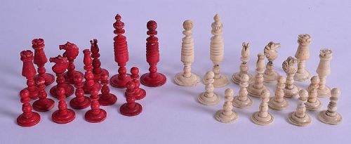 Early 19th Century Carved and Stained Bone Chess Set