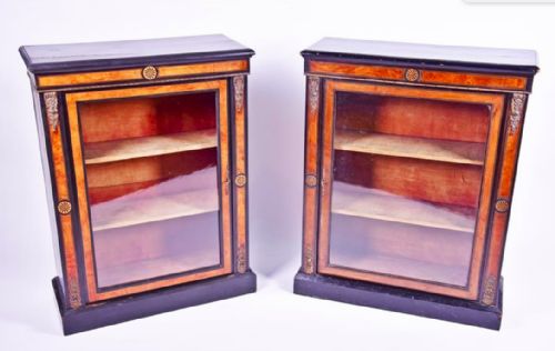 A Pair of Victorian Ebonised, Ormolu Burr Walnut Pier Cabinets