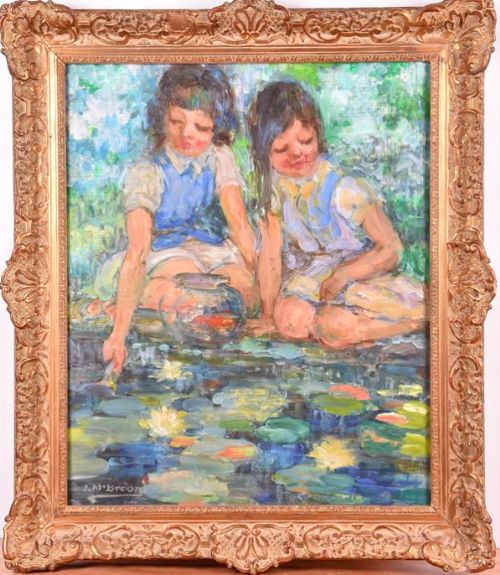 J Mcbroom. Scottish Glasgow School ‘Girls in the Glades’, 1957. Oil on Board