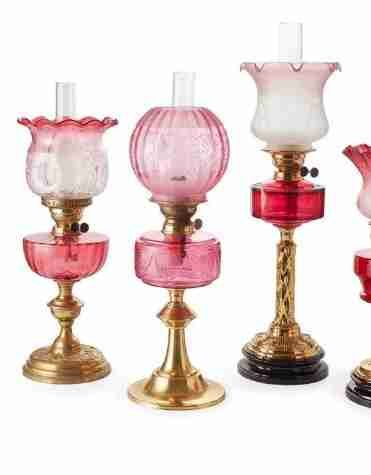 Victorian Ruby Glass Oil Lamps X Four