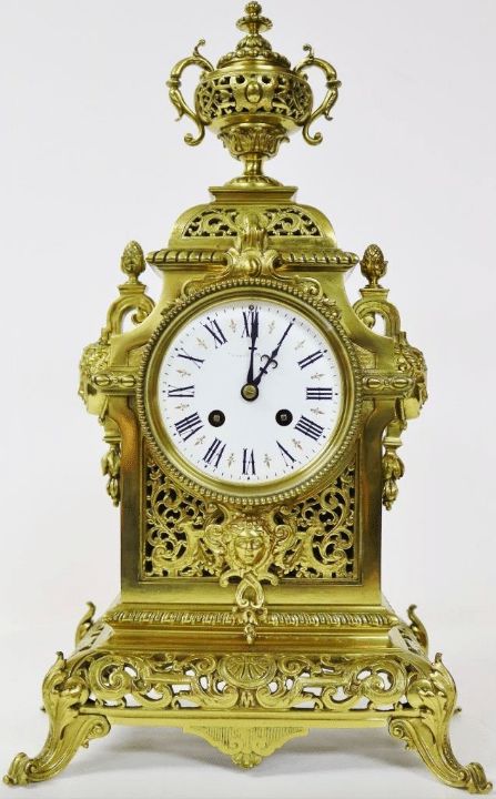 Antique French 8 Day Finely Pierced Embossed Cast Bronze Mantel Clock